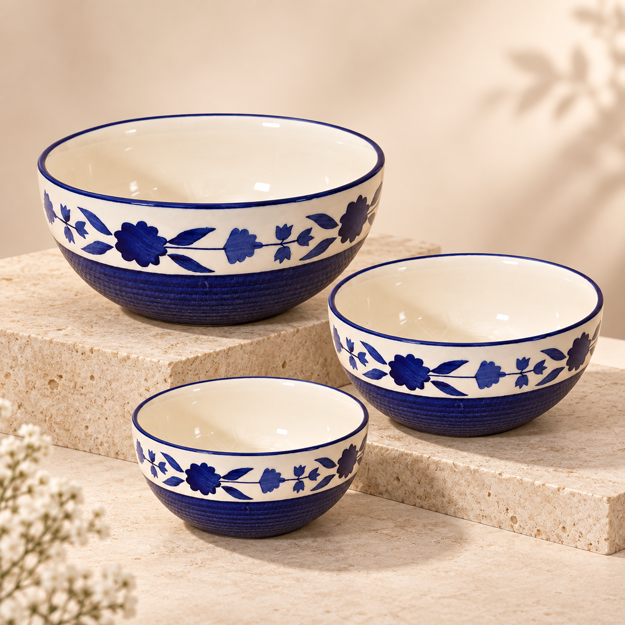 KunhaR Ceramic Mixing Bowl Set, 800 ml, 600 ml & 400 ml, Blue | Set of 3 Nesting Bowls for Mixing, Serving, Salad, Pasta, Snacks & Kitchen Prep - Image 6