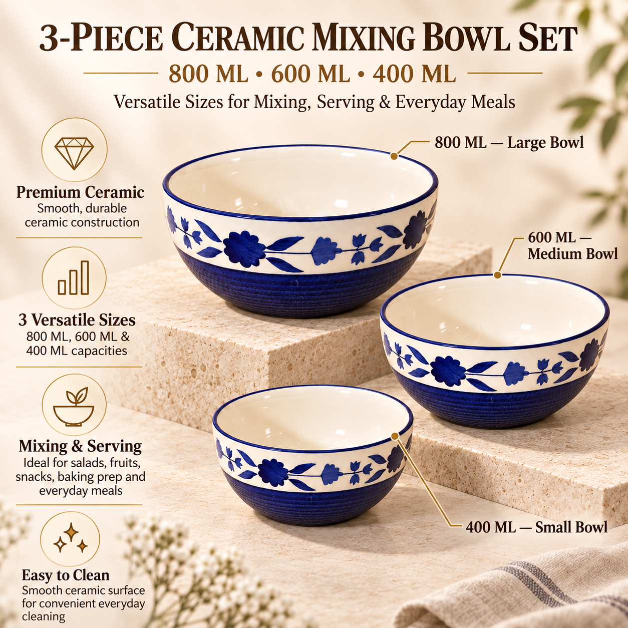 KunhaR Ceramic Mixing Bowl Set, 800 ml, 600 ml & 400 ml, Blue | Set of 3 Nesting Bowls for Mixing, Serving, Salad, Pasta, Snacks & Kitchen Prep - Image 7