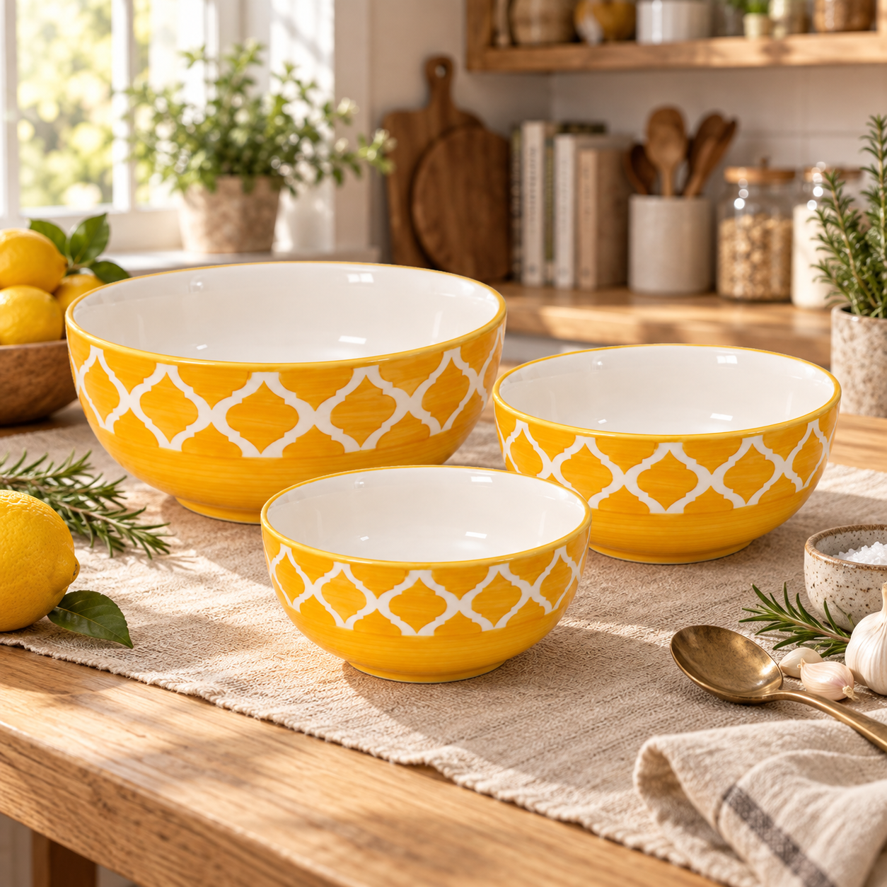 KunhaR Ceramic Mixing Bowl Set, 800 ml, 600 ml & 400 ml, Yellow | Set of 3 Nesting Bowls for Mixing, Serving, Salad, Pasta, Snacks & Kitchen Prep
