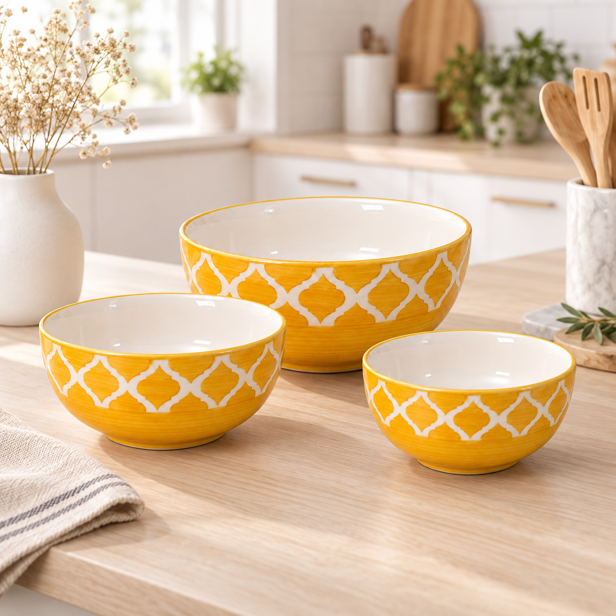 KunhaR Ceramic Mixing Bowl Set, 800 ml, 600 ml & 400 ml, Yellow | Set of 3 Nesting Bowls for Mixing, Serving, Salad, Pasta, Snacks & Kitchen Prep - Image 2