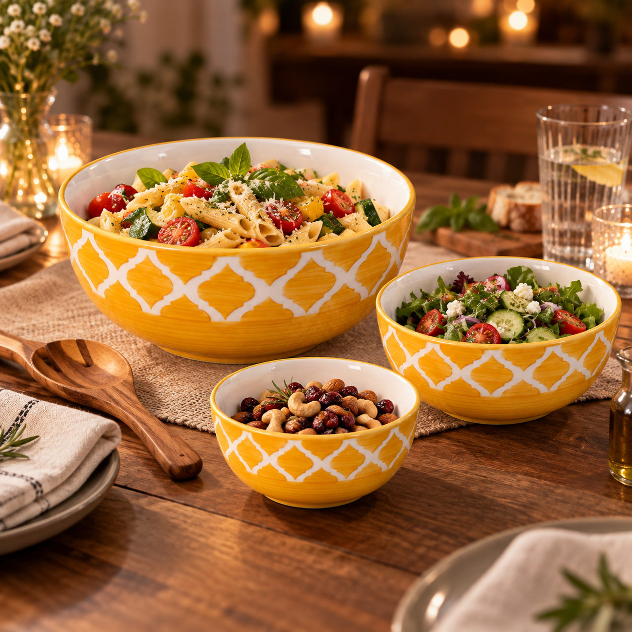KunhaR Ceramic Mixing Bowl Set, 800 ml, 600 ml & 400 ml, Yellow | Set of 3 Nesting Bowls for Mixing, Serving, Salad, Pasta, Snacks & Kitchen Prep - Image 3