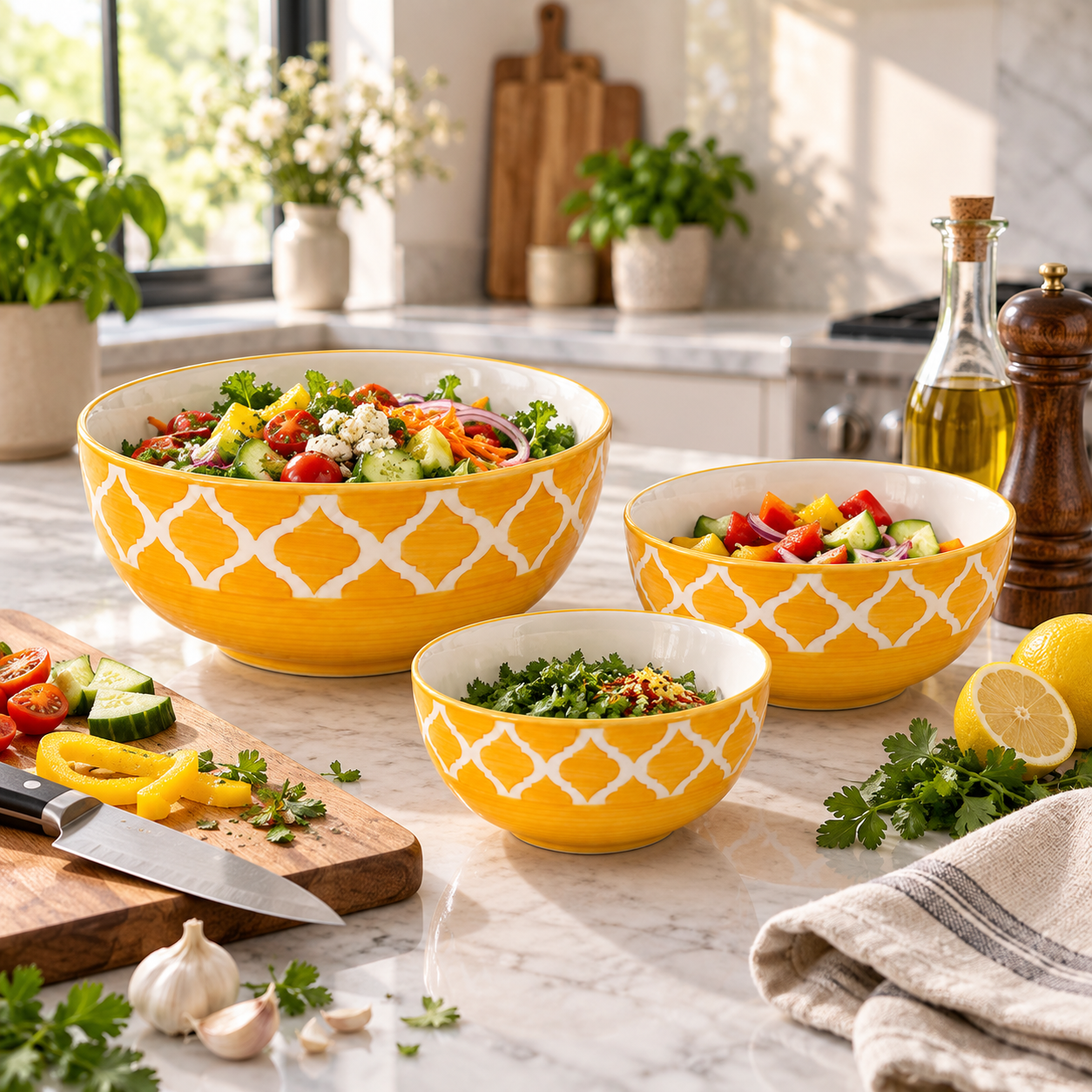 KunhaR Ceramic Mixing Bowl Set, 800 ml, 600 ml & 400 ml, Yellow | Set of 3 Nesting Bowls for Mixing, Serving, Salad, Pasta, Snacks & Kitchen Prep - Image 4