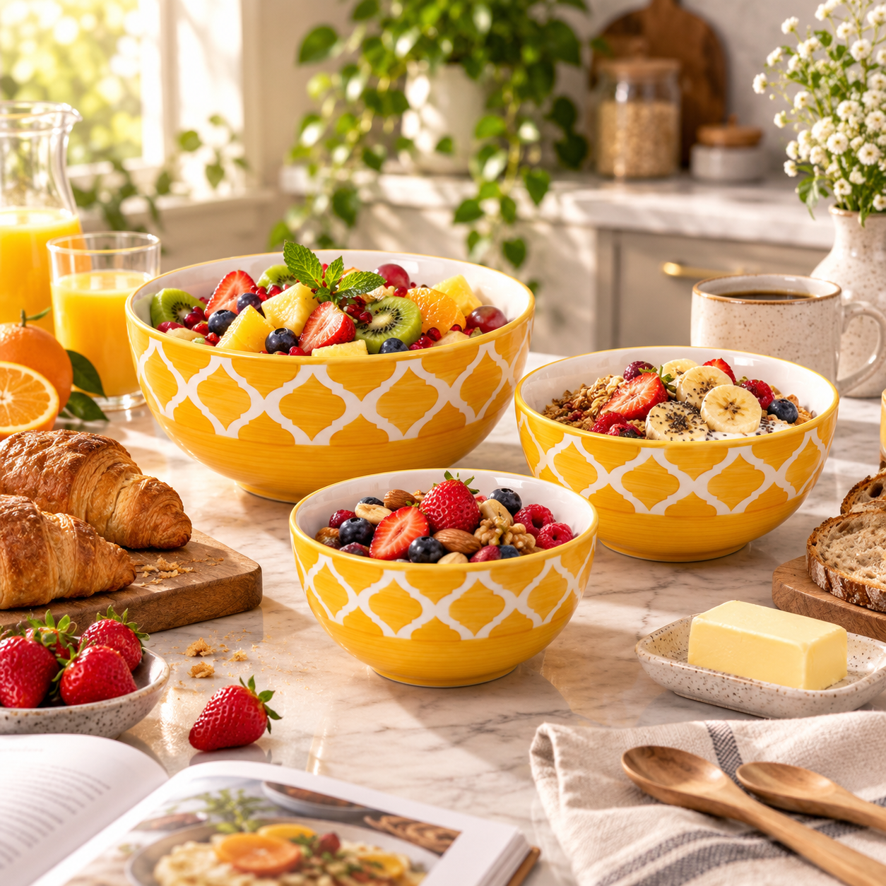 KunhaR Ceramic Mixing Bowl Set, 800 ml, 600 ml & 400 ml, Yellow | Set of 3 Nesting Bowls for Mixing, Serving, Salad, Pasta, Snacks & Kitchen Prep - Image 5