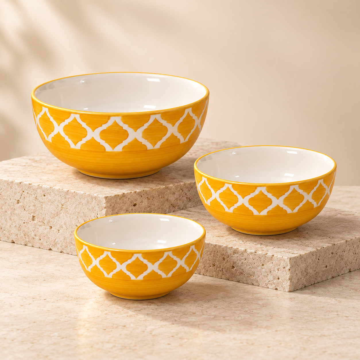 KunhaR Ceramic Mixing Bowl Set, 800 ml, 600 ml & 400 ml, Yellow | Set of 3 Nesting Bowls for Mixing, Serving, Salad, Pasta, Snacks & Kitchen Prep - Image 6