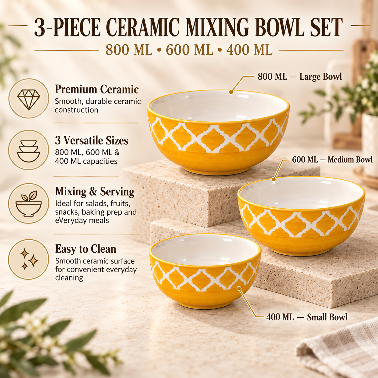 KunhaR Ceramic Mixing Bowl Set, 800 ml, 600 ml & 400 ml, Yellow | Set of 3 Nesting Bowls for Mixing, Serving, Salad, Pasta, Snacks & Kitchen Prep - Image 7