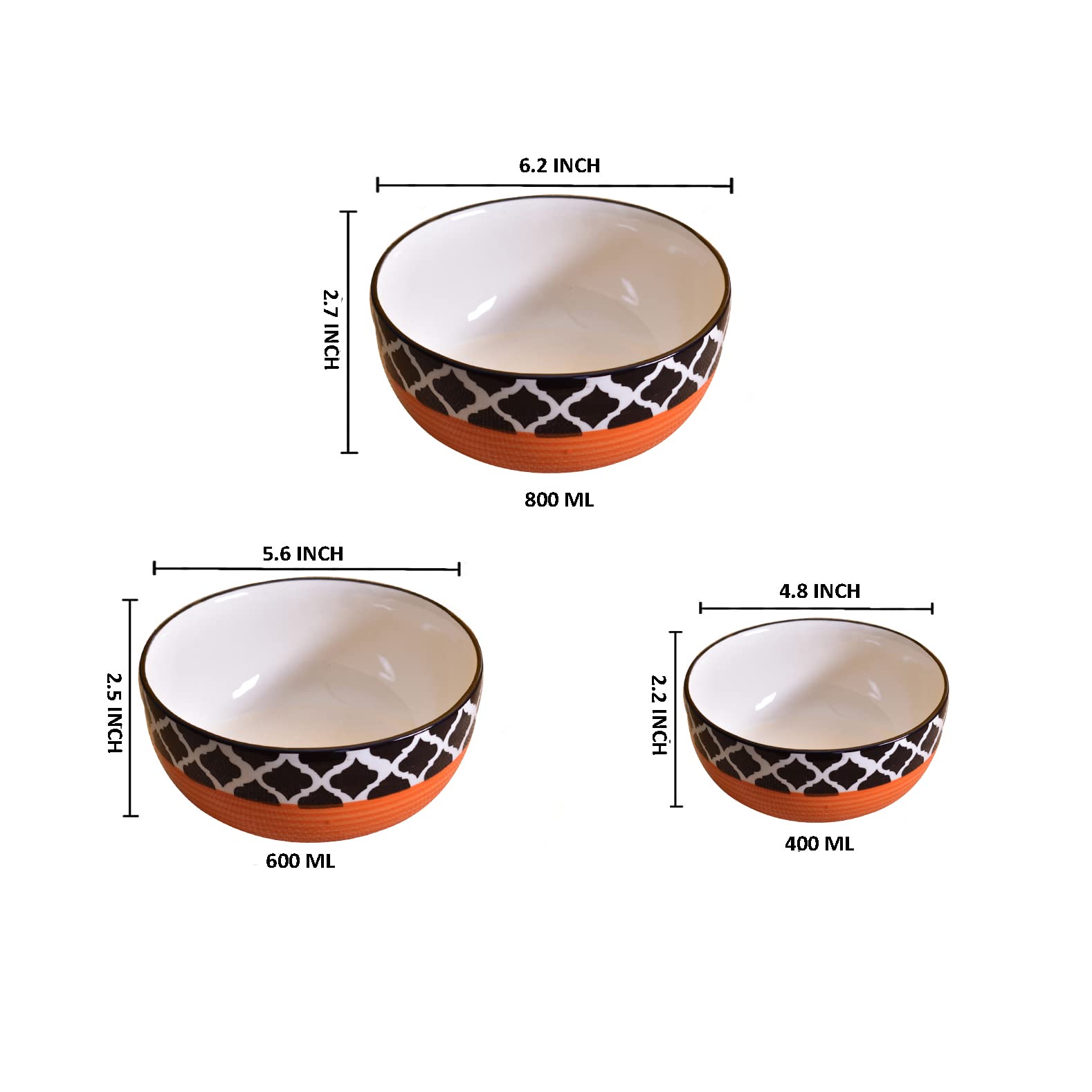 Kunhar Ceramic Mixing Bowls - 800 ML, 600 ML and 400 ML, 3 Pieces, Red Chidi - Image 2