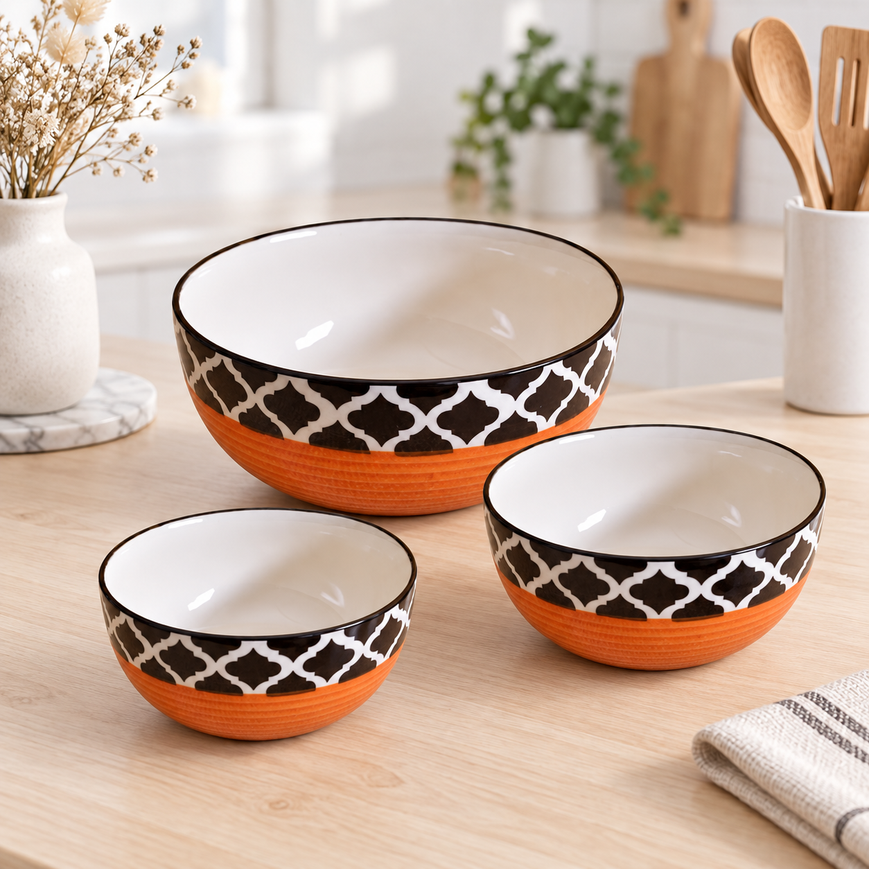 KunhaR Ceramic Mixing Bowl Set, 800 ml, 600 ml & 400 ml, Red Chidi | Set of 3 Nesting Bowls for Mixing, Serving, Salad, Pasta, Snacks & Kitchen Prep - Image 2