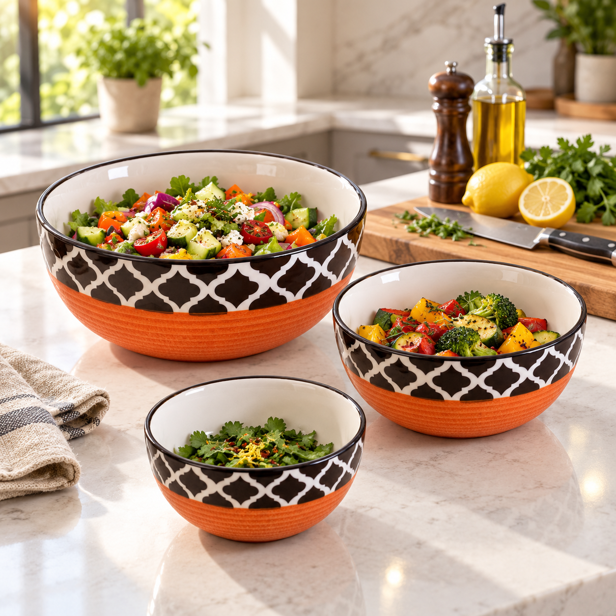 KunhaR Ceramic Mixing Bowl Set, 800 ml, 600 ml & 400 ml, Red Chidi | Set of 3 Nesting Bowls for Mixing, Serving, Salad, Pasta, Snacks & Kitchen Prep - Image 3