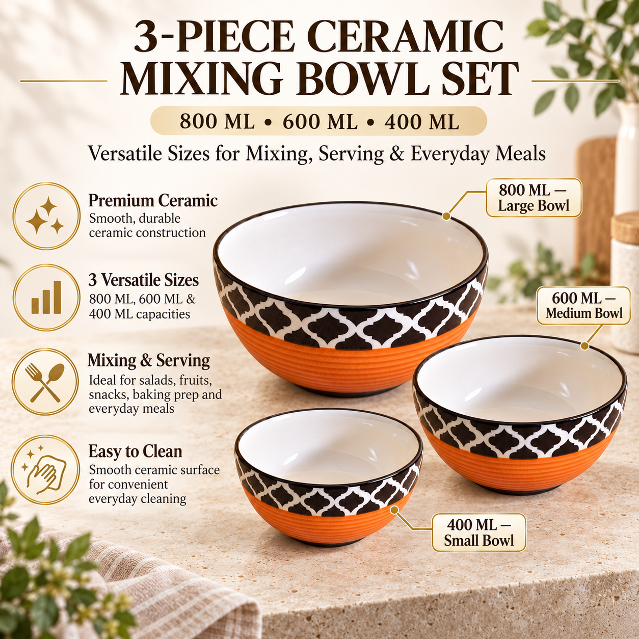 KunhaR Ceramic Mixing Bowl Set, 800 ml, 600 ml & 400 ml, Red Chidi | Set of 3 Nesting Bowls for Mixing, Serving, Salad, Pasta, Snacks & Kitchen Prep - Image 7