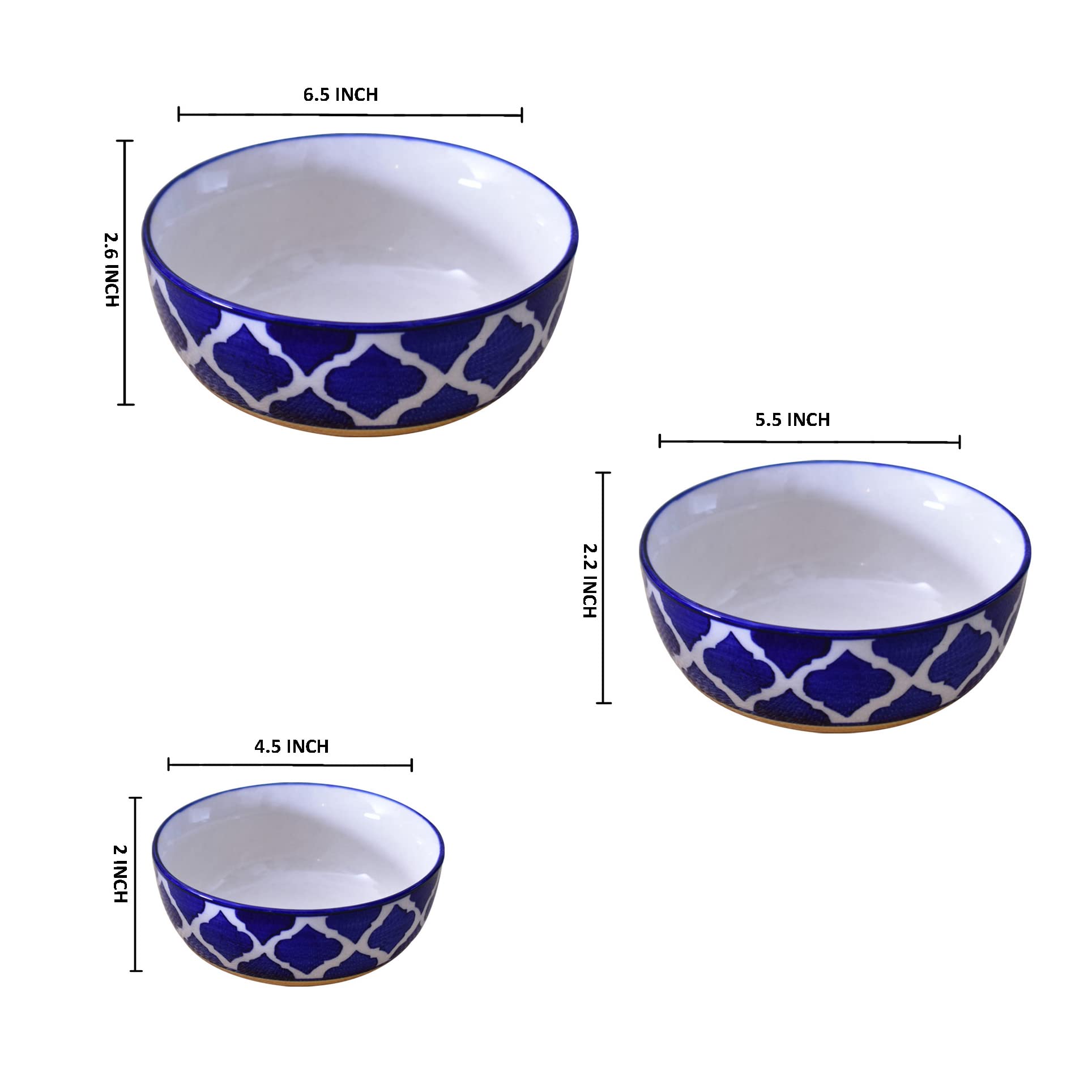 Kunhar Ceramic Mixing Bowls - 750 ML, 500 ML and 300 ML, 3 Pieces, Yellow Blue - Image 2