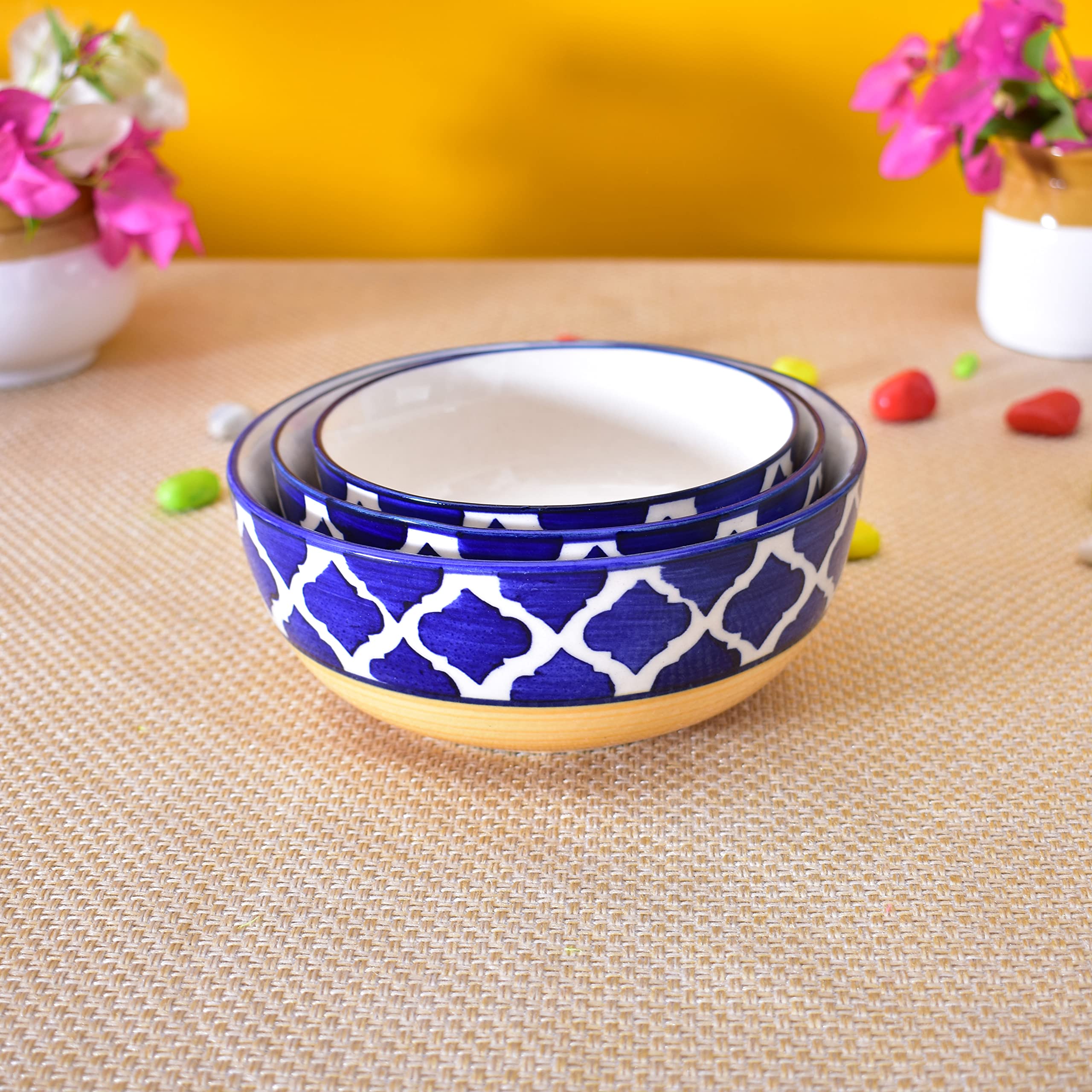 Kunhar Ceramic Mixing Bowls - 750 ML, 500 ML and 300 ML, 3 Pieces, Yellow Blue - Image 3