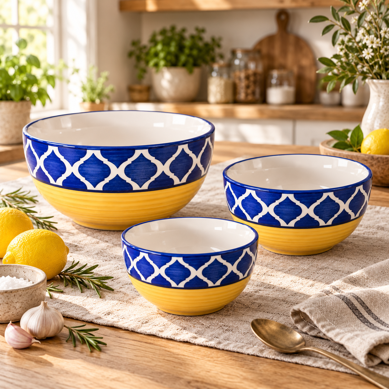KunhaR Ceramic Mixing Bowl Set, 800 ml, 600 ml & 400 ml, Yellow Blue - 2 | Set of 3 Nesting Bowls for Mixing, Serving, Salad, Pasta, Snacks & Kitchen Prep