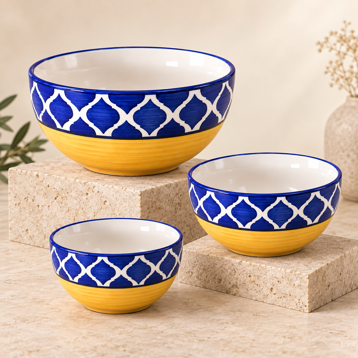 KunhaR Ceramic Mixing Bowl Set, 800 ml, 600 ml & 400 ml, Yellow Blue - 2 | Set of 3 Nesting Bowls for Mixing, Serving, Salad, Pasta, Snacks & Kitchen Prep - Image 6