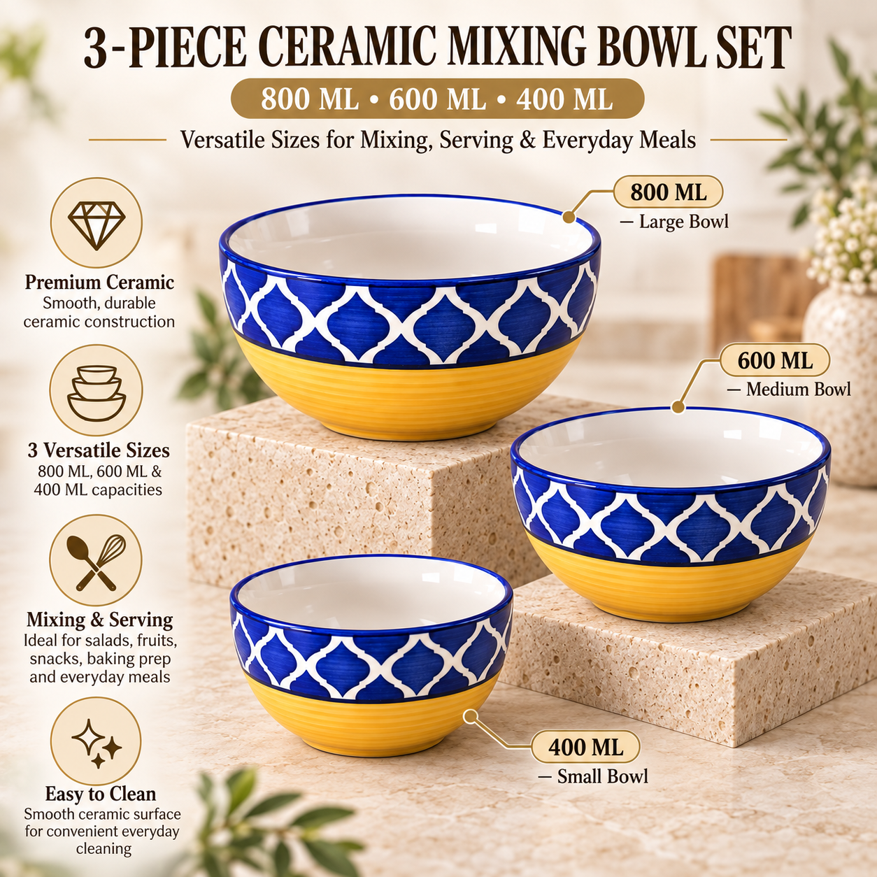 KunhaR Ceramic Mixing Bowl Set, 800 ml, 600 ml & 400 ml, Yellow Blue - 2 | Set of 3 Nesting Bowls for Mixing, Serving, Salad, Pasta, Snacks & Kitchen Prep - Image 7