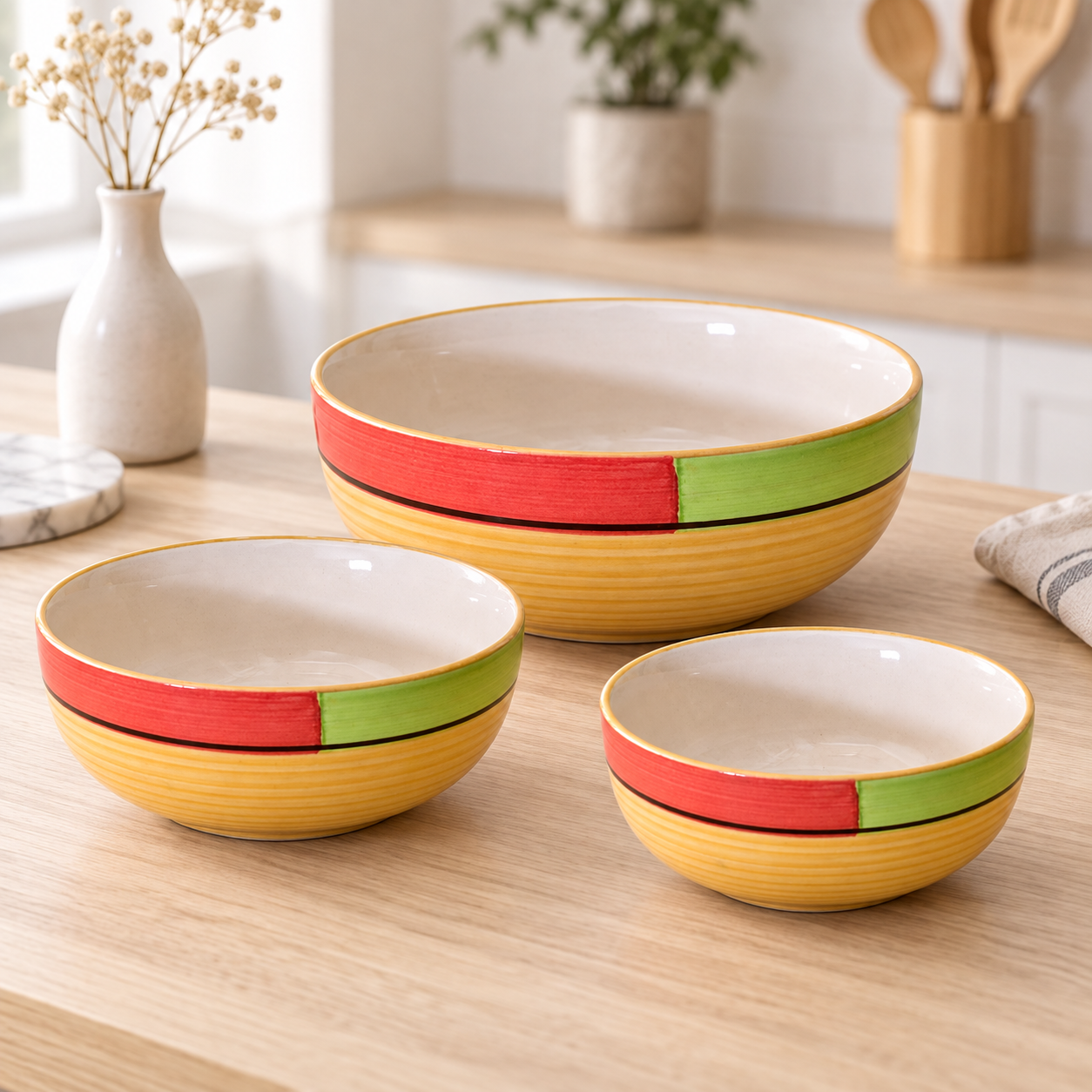 KunhaR Ceramic Mixing Bowl Set, 800 ml, 600 ml & 400 ml, Yellow - 2 | Set of 3 Nesting Bowls for Mixing, Serving, Salad, Pasta, Snacks & Kitchen Prep - Image 2