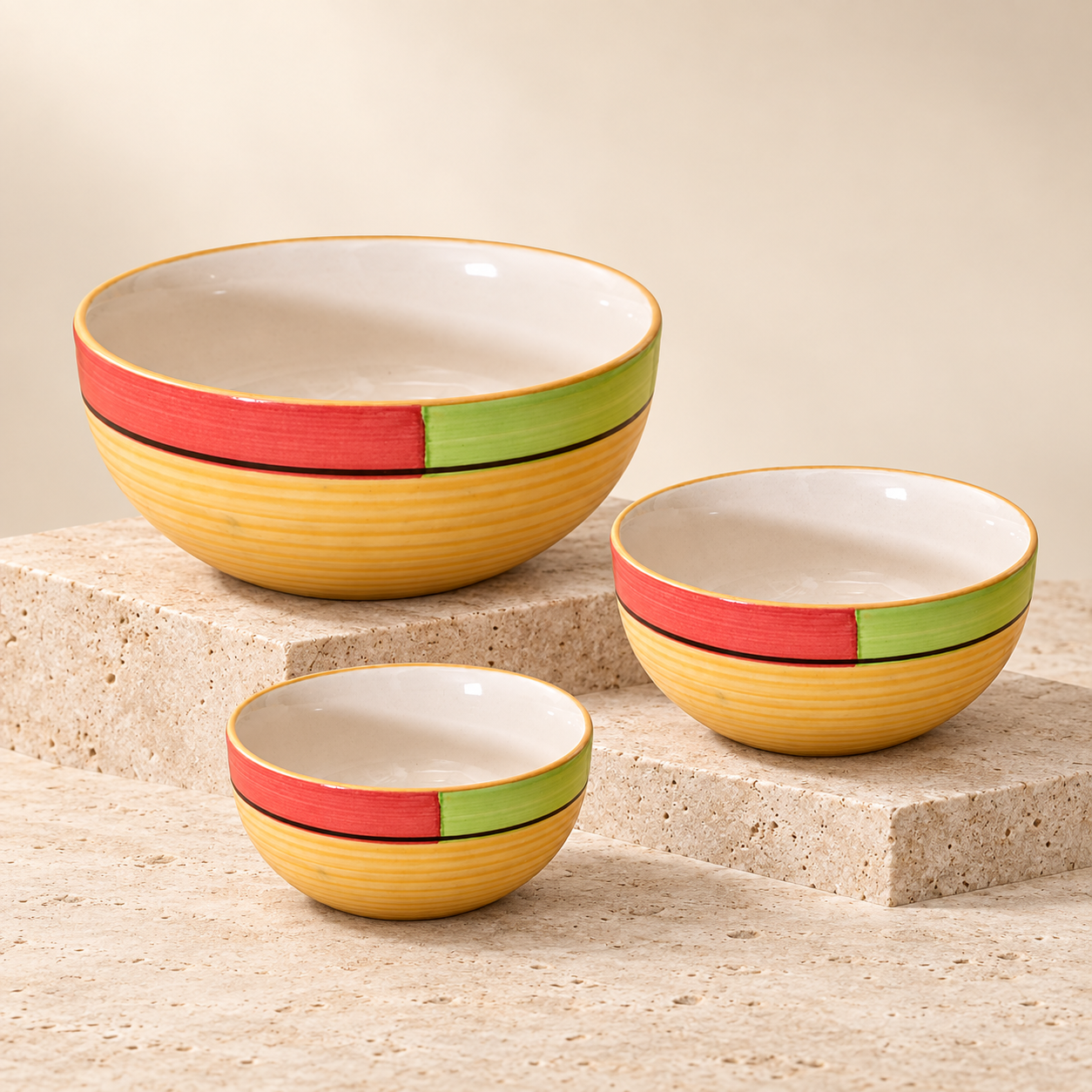KunhaR Ceramic Mixing Bowl Set, 800 ml, 600 ml & 400 ml, Yellow - 2 | Set of 3 Nesting Bowls for Mixing, Serving, Salad, Pasta, Snacks & Kitchen Prep - Image 6