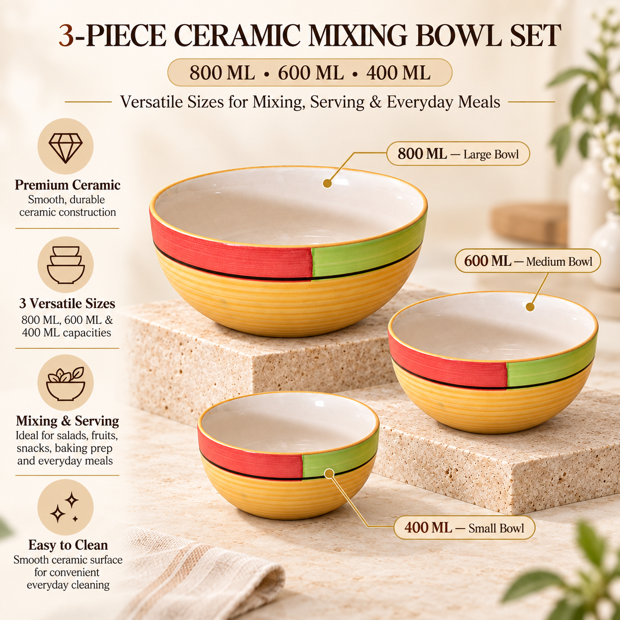 KunhaR Ceramic Mixing Bowl Set, 800 ml, 600 ml & 400 ml, Yellow - 2 | Set of 3 Nesting Bowls for Mixing, Serving, Salad, Pasta, Snacks & Kitchen Prep - Image 7
