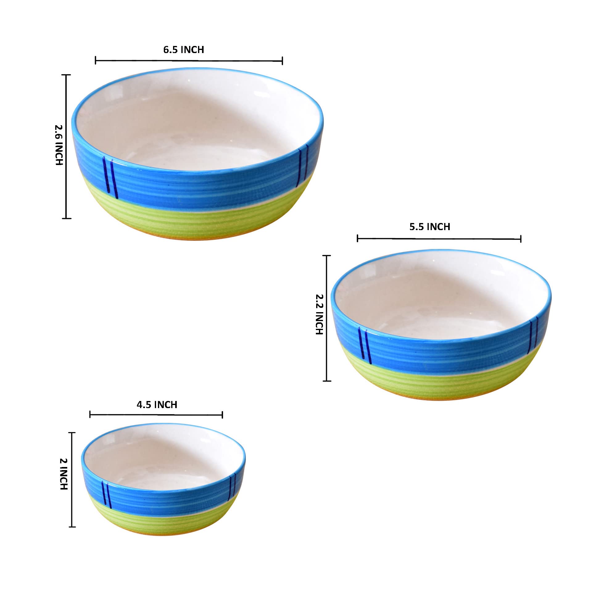 Kunhar Ceramic Mixing Bowls - 750 ML, 500 ML and 300 ML, 3 Pieces, Green - Image 2
