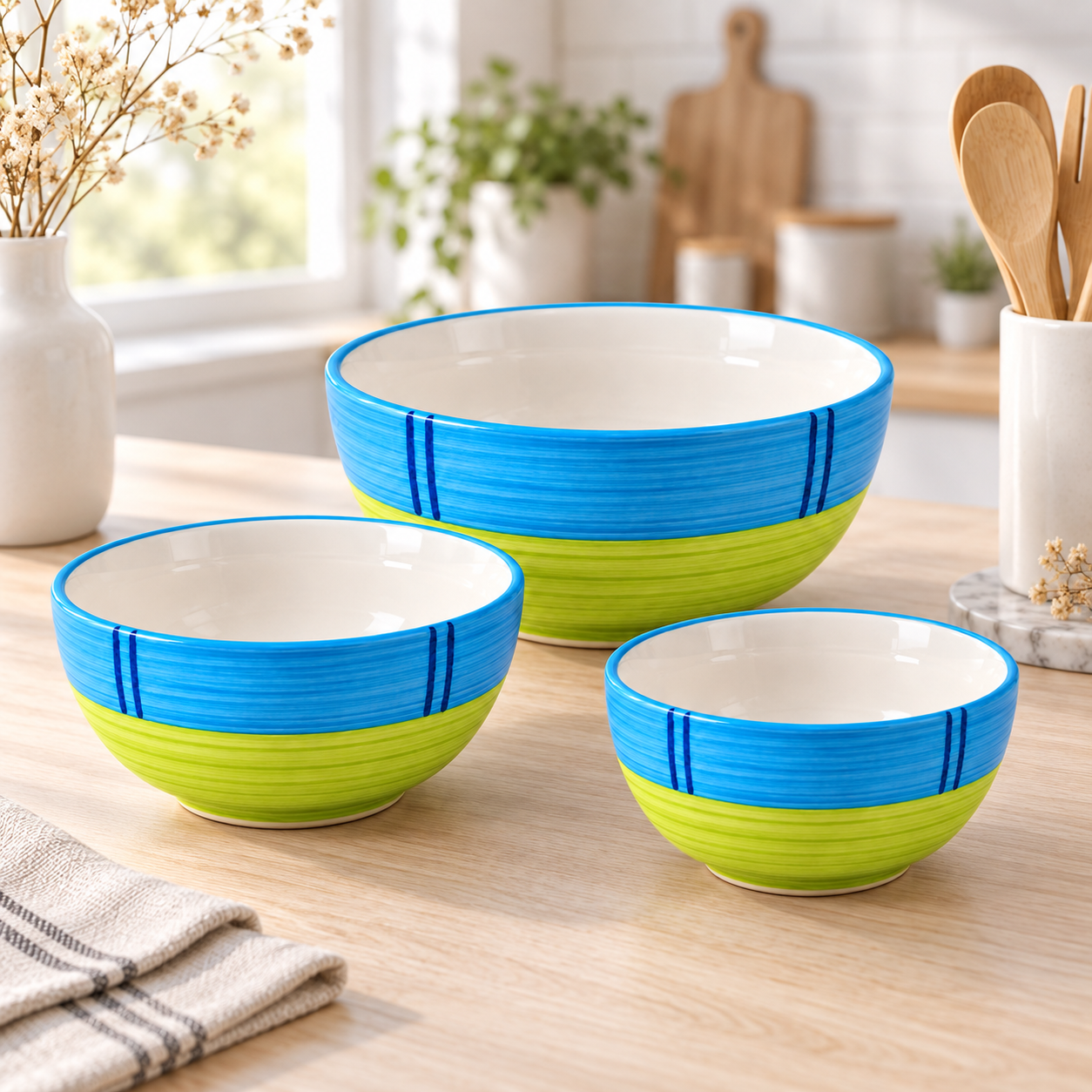 KunhaR Ceramic Mixing Bowl Set, 800 ml, 600 ml & 400 ml, Green | Set of 3 Nesting Bowls for Mixing, Serving, Salad, Pasta, Snacks & Kitchen Prep - Image 2
