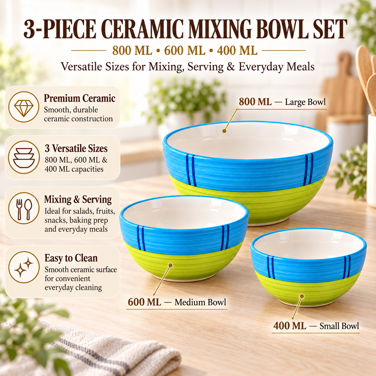 KunhaR Ceramic Mixing Bowl Set, 800 ml, 600 ml & 400 ml, Green | Set of 3 Nesting Bowls for Mixing, Serving, Salad, Pasta, Snacks & Kitchen Prep - Image 7