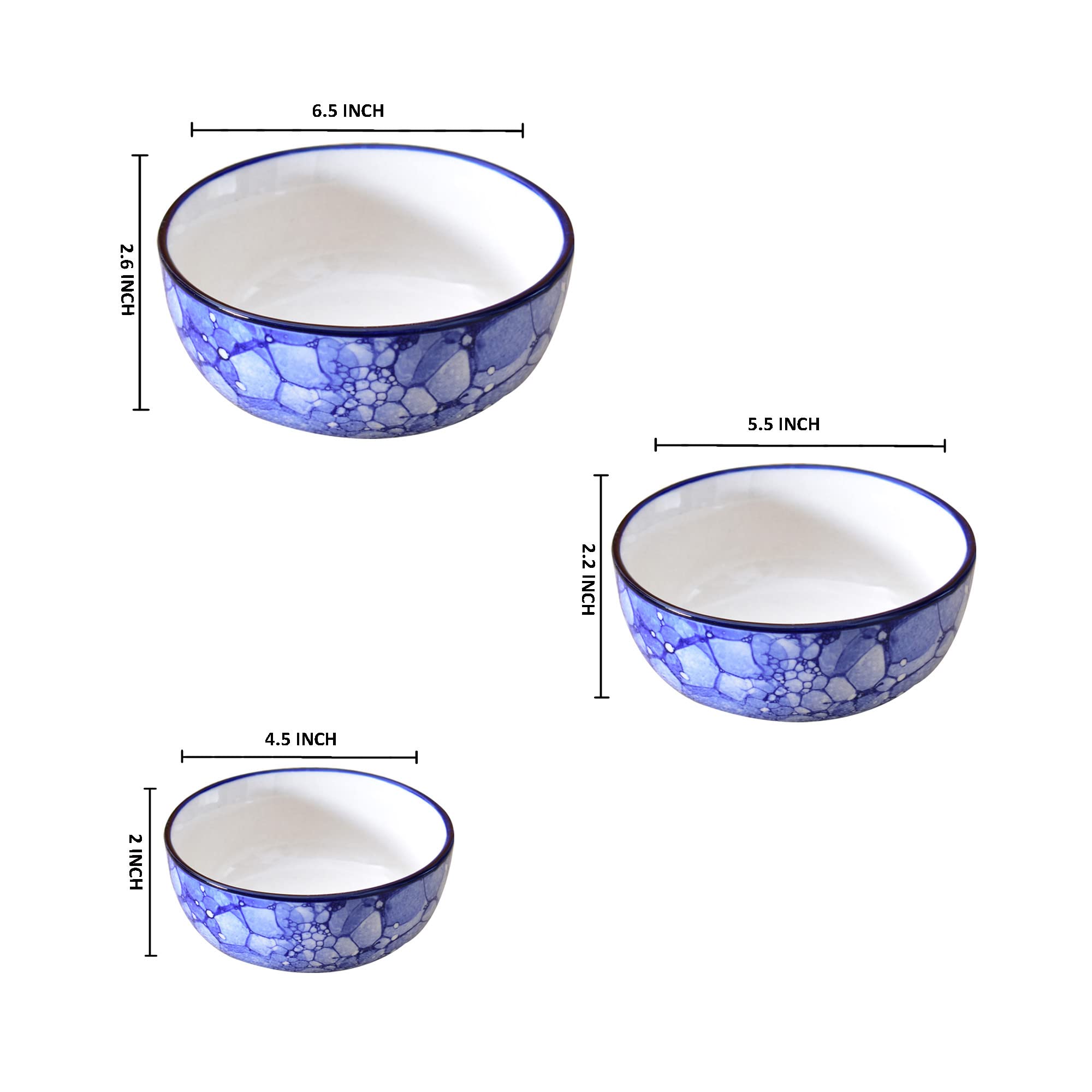Kunhar Ceramic Mixing Bowls - 750 ML, 500 ML and 300 ML, 3 Pieces, Blue Luster - Image 2