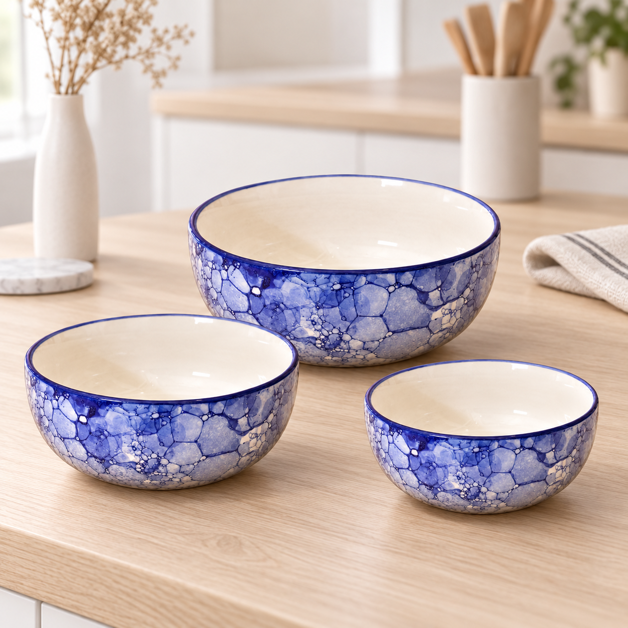 KunhaR Ceramic Mixing Bowl Set, 800 ml, 600 ml & 400 ml, Blue Luster | Set of 3 Nesting Bowls for Mixing, Serving, Salad, Pasta, Snacks & Kitchen Prep - Image 2