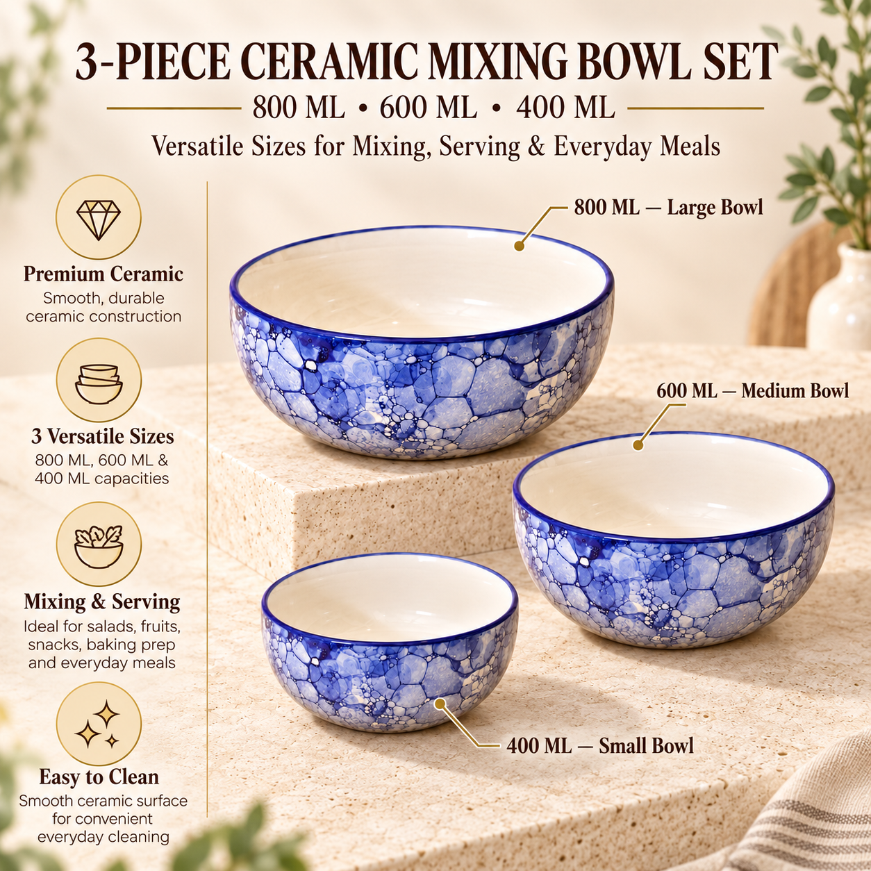 KunhaR Ceramic Mixing Bowl Set, 800 ml, 600 ml & 400 ml, Blue Luster | Set of 3 Nesting Bowls for Mixing, Serving, Salad, Pasta, Snacks & Kitchen Prep - Image 7