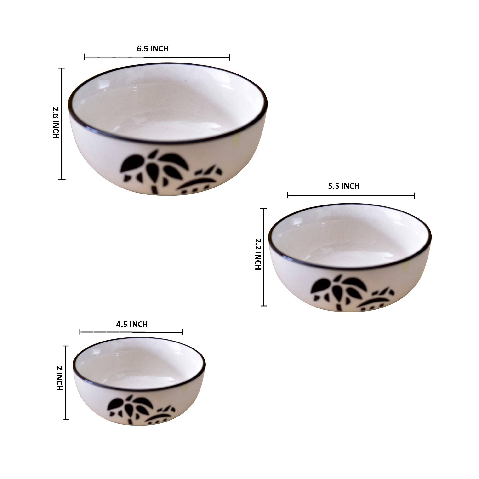 Kunhar Ceramic Mixing Bowls - 750 ML, 500 ML and 300 ML, 3 Pieces, White - Image 2
