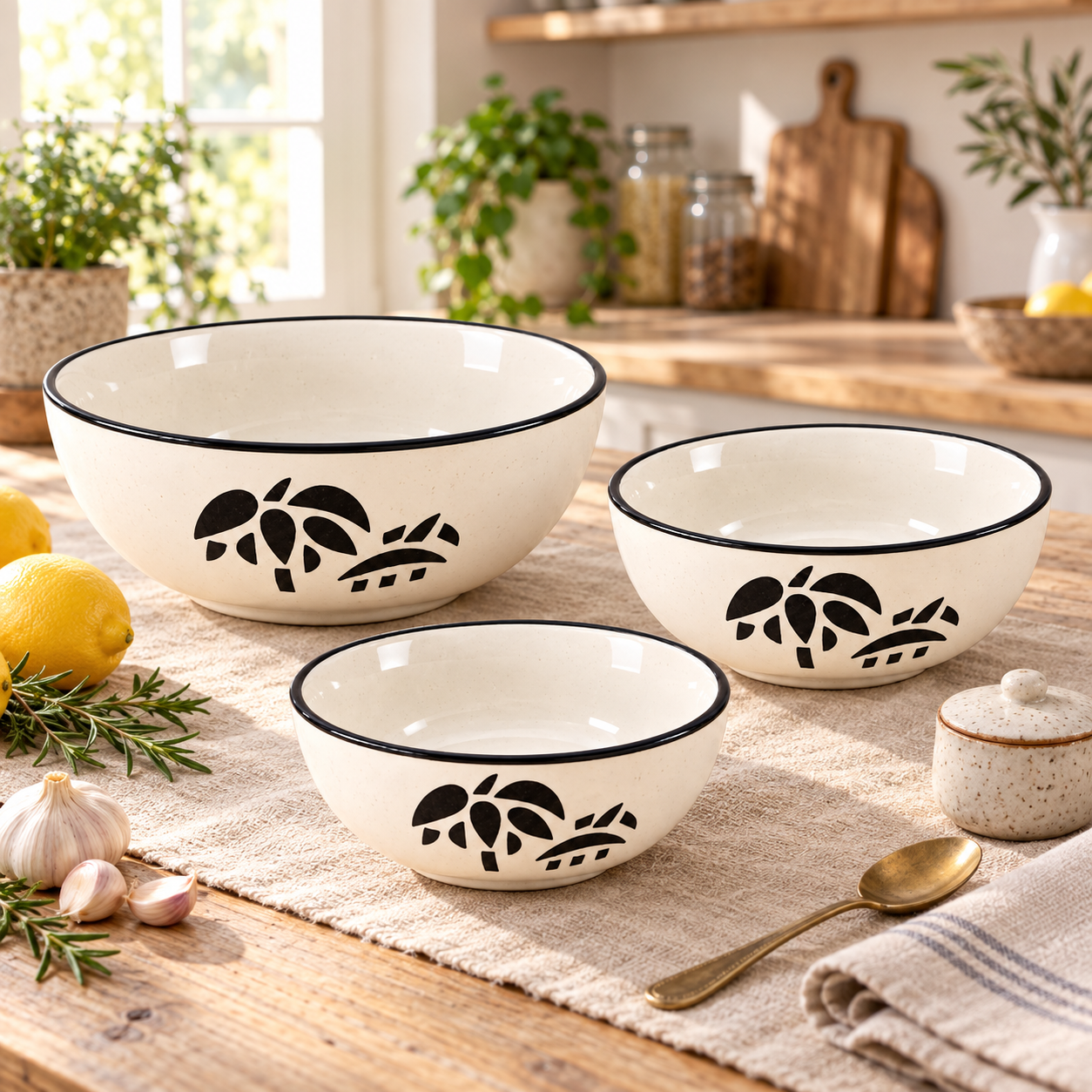 KunhaR Ceramic Mixing Bowl Set, 800 ml, 600 ml & 400 ml, White | Set of 3 Nesting Bowls for Mixing, Serving, Salad, Pasta, Snacks & Kitchen Prep