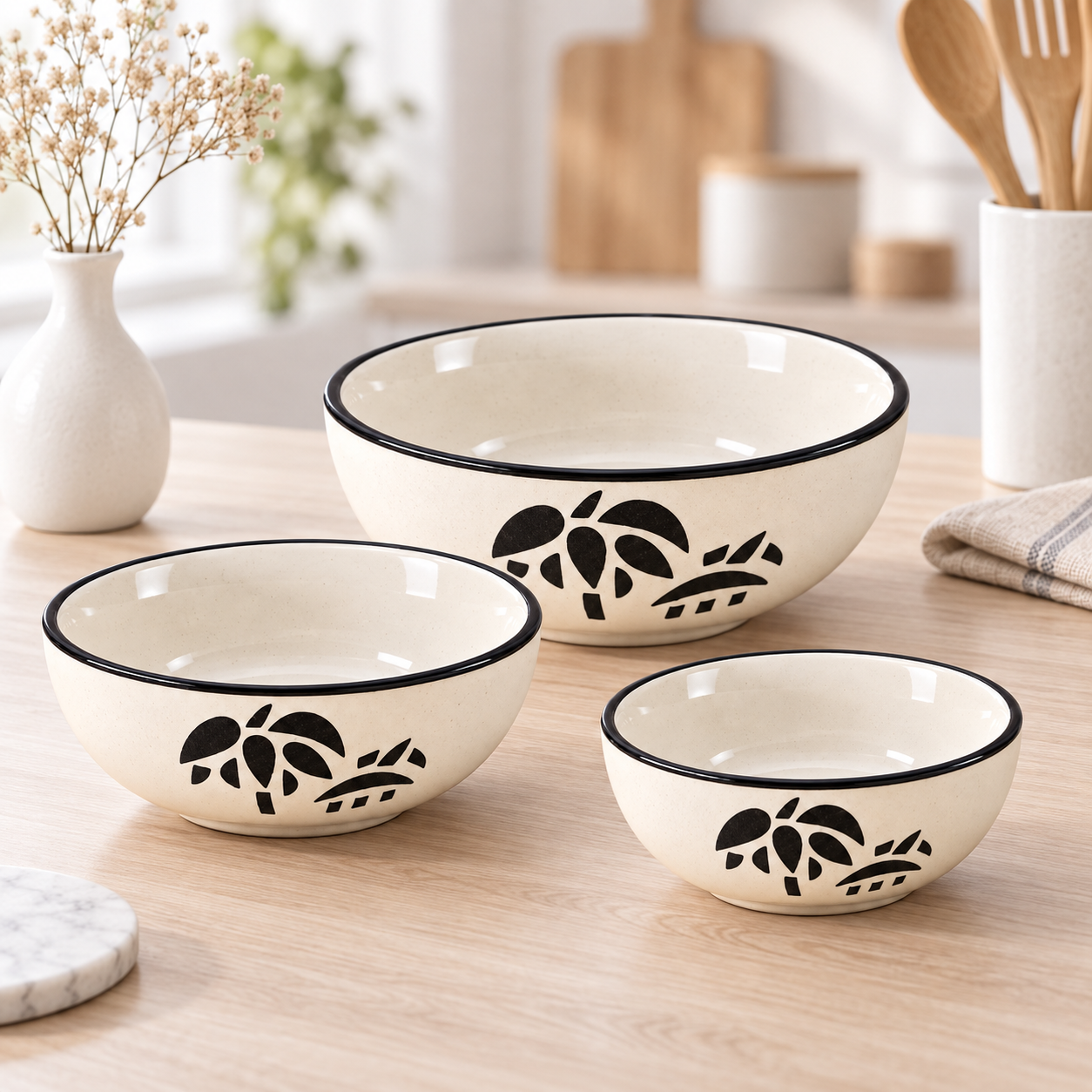KunhaR Ceramic Mixing Bowl Set, 800 ml, 600 ml & 400 ml, White | Set of 3 Nesting Bowls for Mixing, Serving, Salad, Pasta, Snacks & Kitchen Prep - Image 2