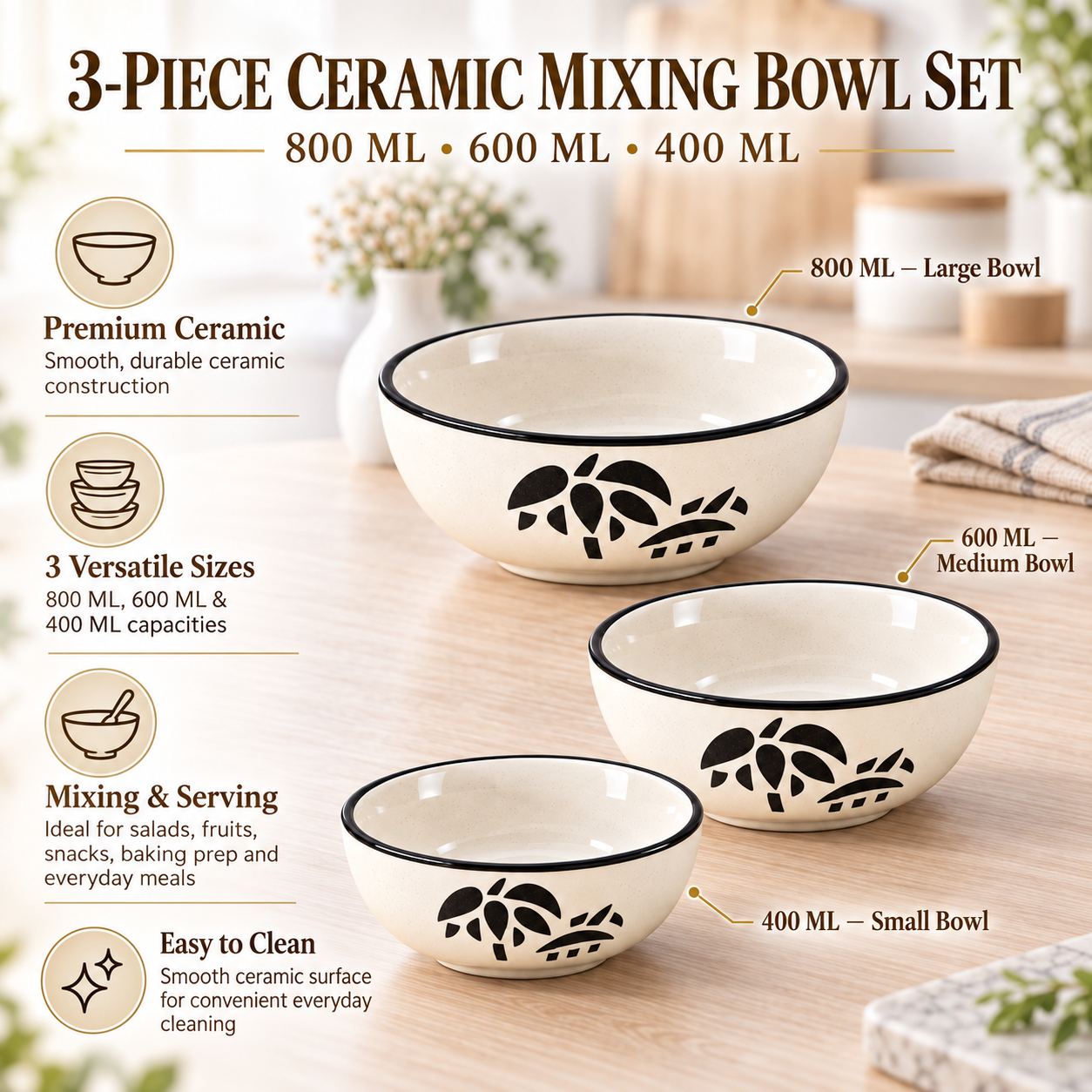 KunhaR Ceramic Mixing Bowl Set, 800 ml, 600 ml & 400 ml, White | Set of 3 Nesting Bowls for Mixing, Serving, Salad, Pasta, Snacks & Kitchen Prep - Image 7