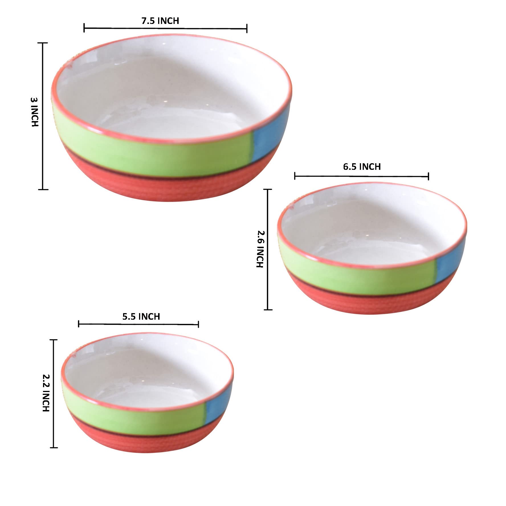Kunhar Ceramic Mixing Bowls - 1500 ML, 800 ML and 600 ML, 3 Pieces, Red - Image 2