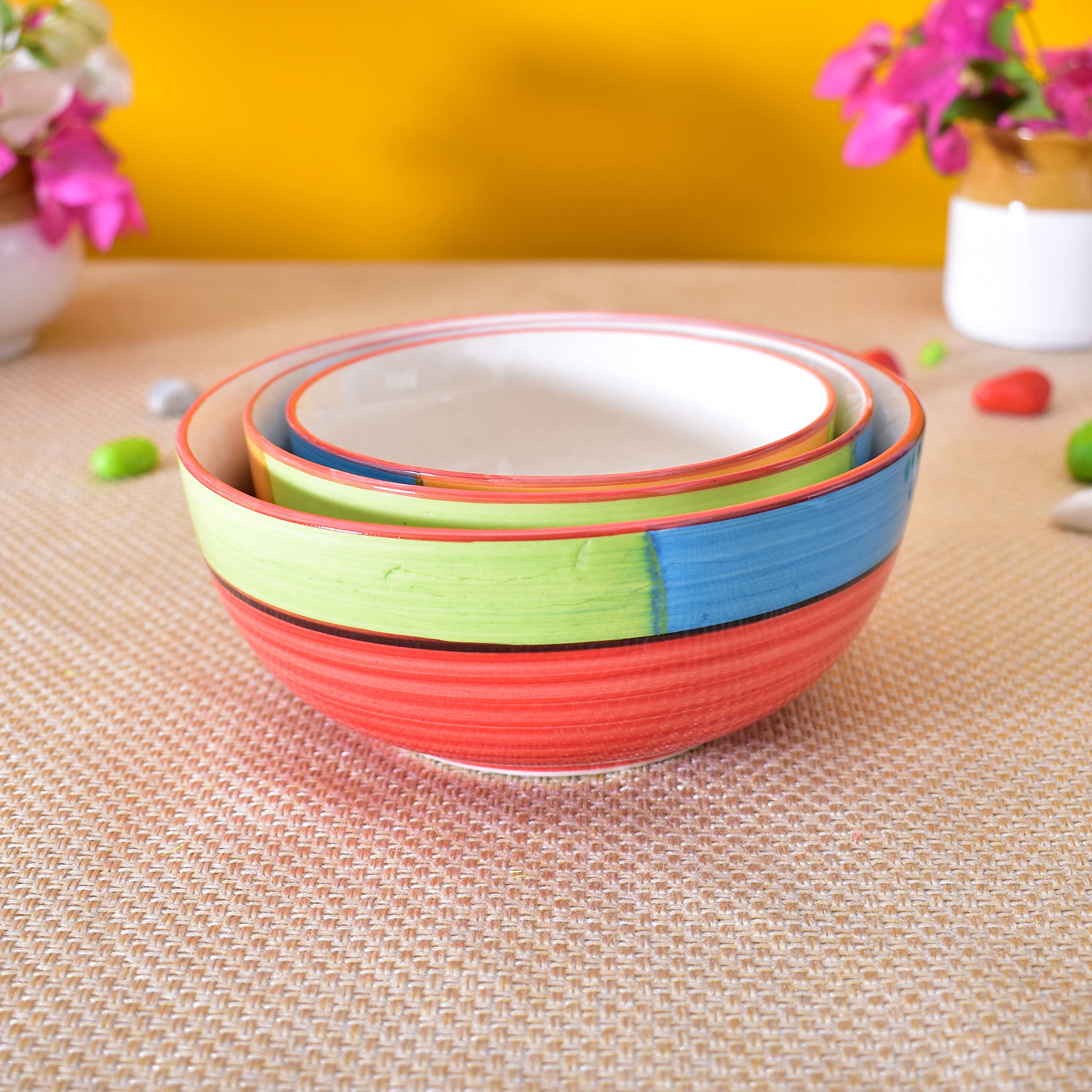 Kunhar Ceramic Mixing Bowls - 1500 ML, 800 ML and 600 ML, 3 Pieces, Red - Image 3