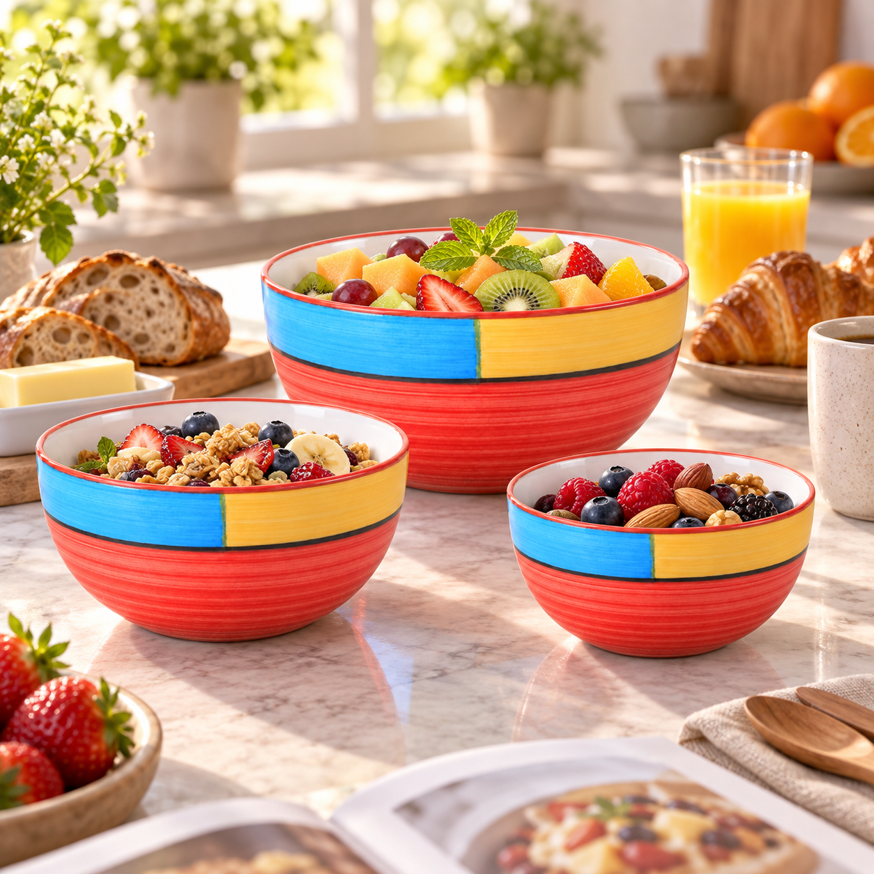 KunhaR Ceramic Mixing Bowl Set, 1500 ml, 800 ml & 600 ml, Red | Set of 3 Nesting Bowls for Mixing, Serving, Salad, Pasta, Snacks & Kitchen Prep - Image 5