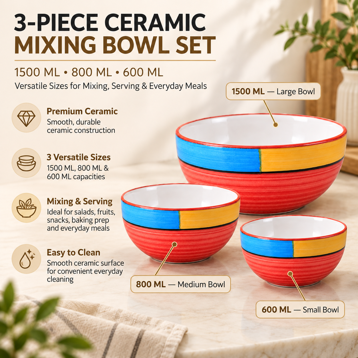 KunhaR Ceramic Mixing Bowl Set, 1500 ml, 800 ml & 600 ml, Red | Set of 3 Nesting Bowls for Mixing, Serving, Salad, Pasta, Snacks & Kitchen Prep - Image 7