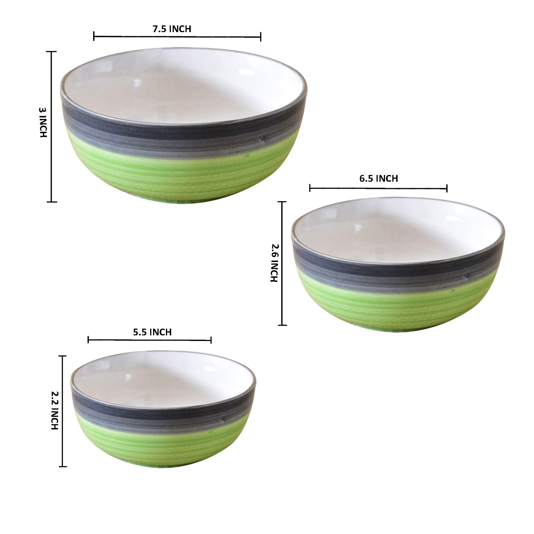 Kunhar Ceramic Mixing Bowls - 1500 ML, 800 ML and 600 ML, 3 Pieces, Green Grey - Image 2