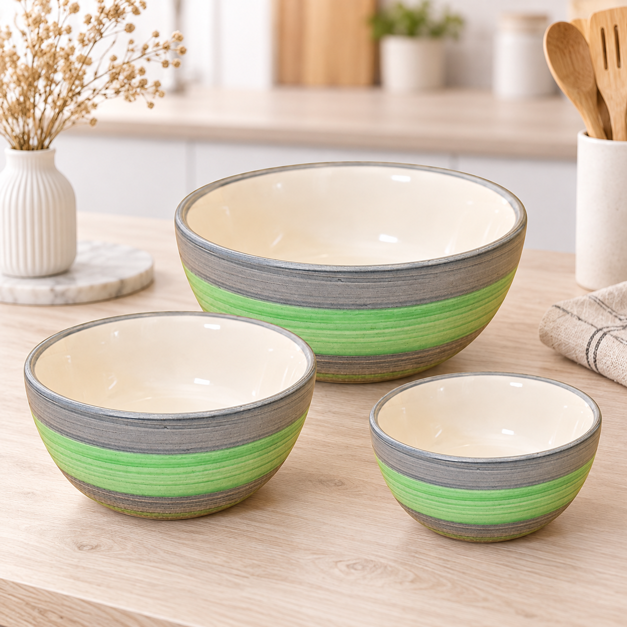 KunhaR Ceramic Mixing Bowl Set, 1500 ml, 800 ml & 600 ml, Green Grey | Set of 3 Nesting Bowls for Mixing, Serving, Salad, Pasta, Snacks & Kitchen Prep - Image 2
