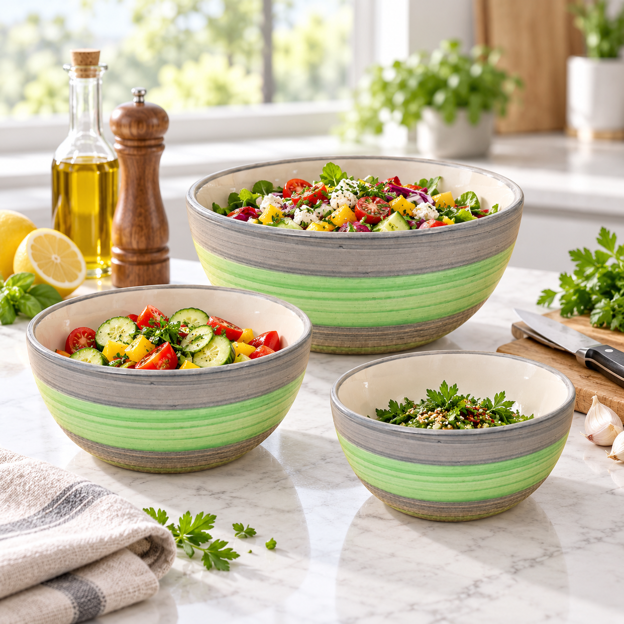 KunhaR Ceramic Mixing Bowl Set, 1500 ml, 800 ml & 600 ml, Green Grey | Set of 3 Nesting Bowls for Mixing, Serving, Salad, Pasta, Snacks & Kitchen Prep - Image 3