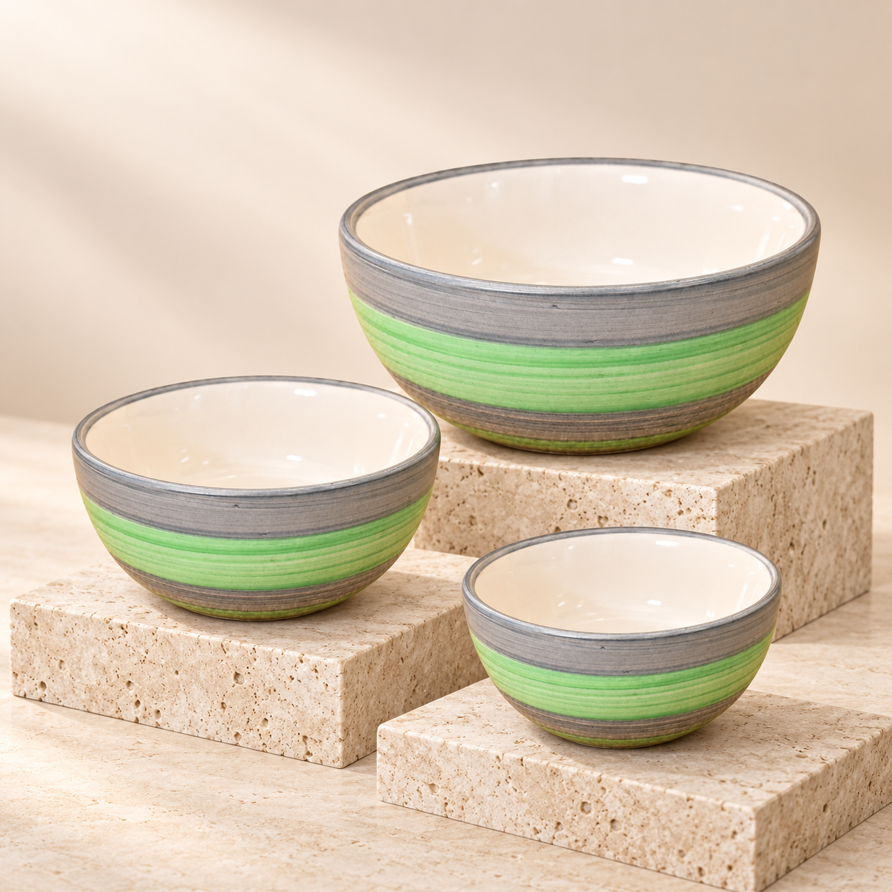 KunhaR Ceramic Mixing Bowl Set, 1500 ml, 800 ml & 600 ml, Green Grey | Set of 3 Nesting Bowls for Mixing, Serving, Salad, Pasta, Snacks & Kitchen Prep - Image 6