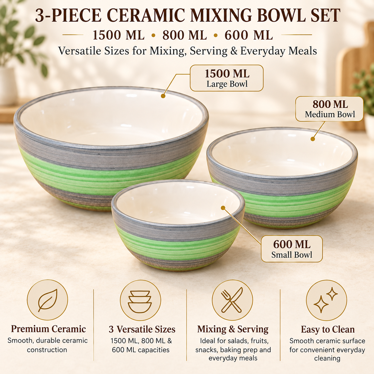 KunhaR Ceramic Mixing Bowl Set, 1500 ml, 800 ml & 600 ml, Green Grey | Set of 3 Nesting Bowls for Mixing, Serving, Salad, Pasta, Snacks & Kitchen Prep - Image 7