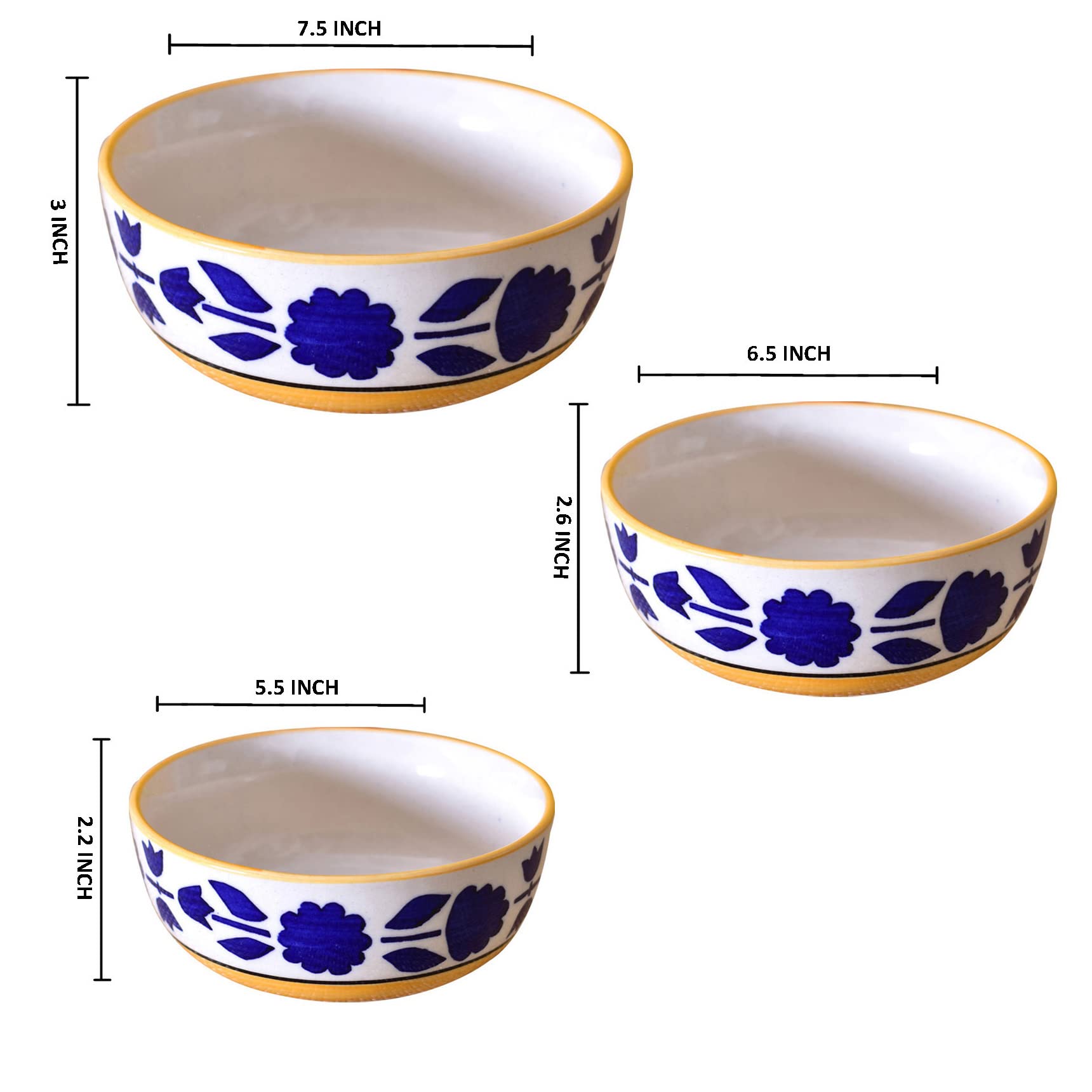 Kunhar Ceramic Mixing Bowls - 1500 ML, 800 ML and 600 ML, 3 Pieces, Yellow Blue - Image 2