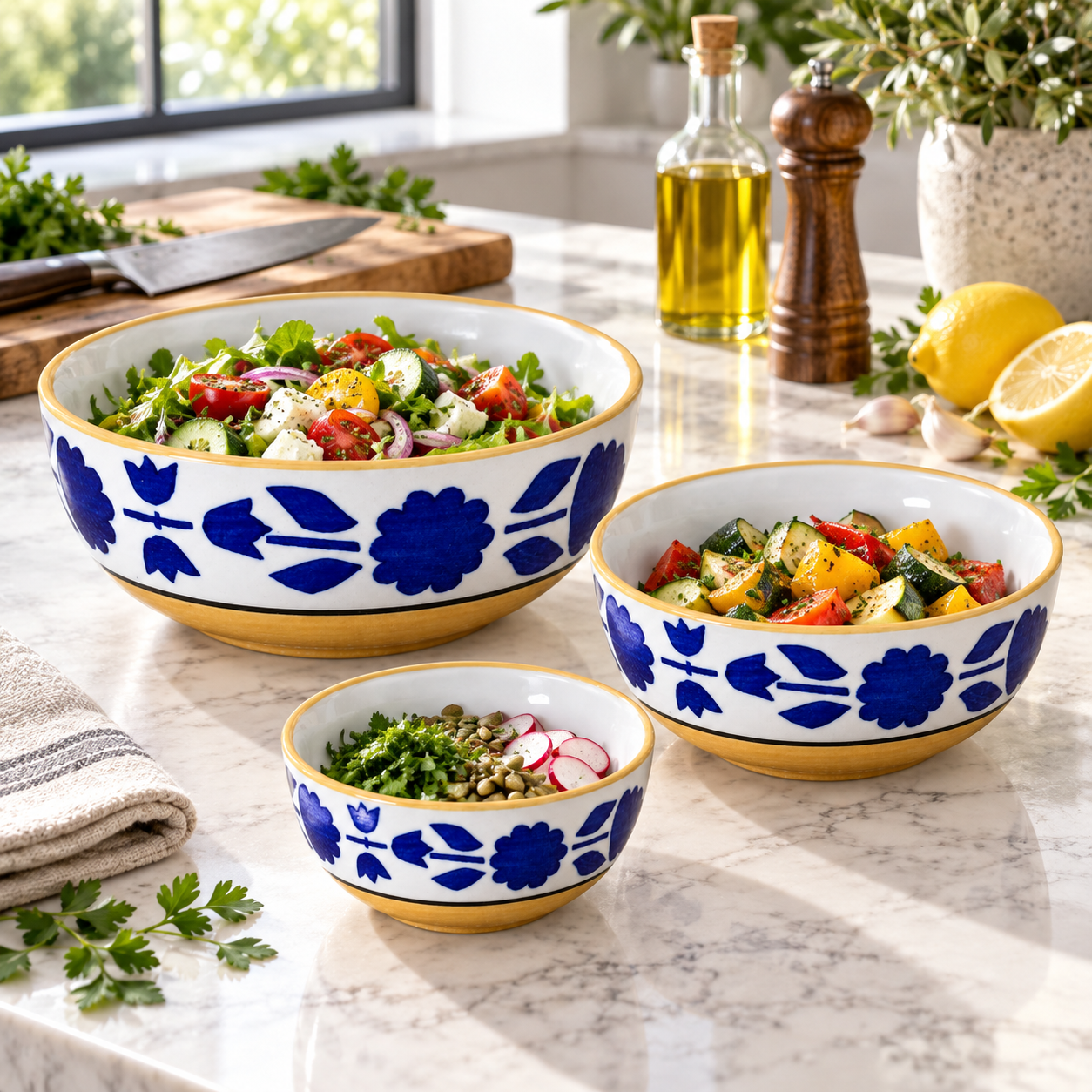 KunhaR Ceramic Mixing Bowl Set, 1500 ml, 800 ml & 600 ml, Yellow Blue | Set of 3 Nesting Bowls for Mixing, Serving, Salad, Pasta, Snacks & Kitchen Prep - Image 3