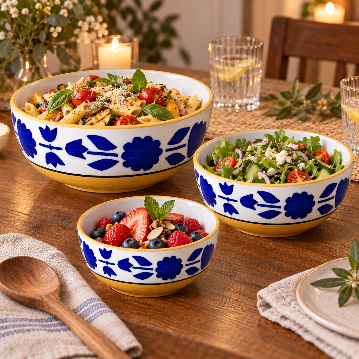 KunhaR Ceramic Mixing Bowl Set, 1500 ml, 800 ml & 600 ml, Yellow Blue | Set of 3 Nesting Bowls for Mixing, Serving, Salad, Pasta, Snacks & Kitchen Prep - Image 4