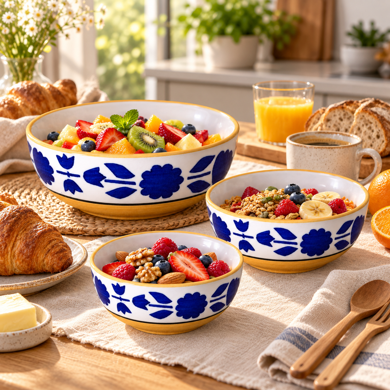 KunhaR Ceramic Mixing Bowl Set, 1500 ml, 800 ml & 600 ml, Yellow Blue | Set of 3 Nesting Bowls for Mixing, Serving, Salad, Pasta, Snacks & Kitchen Prep - Image 5