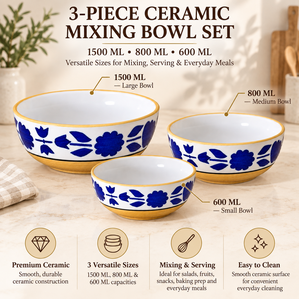 KunhaR Ceramic Mixing Bowl Set, 1500 ml, 800 ml & 600 ml, Yellow Blue | Set of 3 Nesting Bowls for Mixing, Serving, Salad, Pasta, Snacks & Kitchen Prep - Image 7