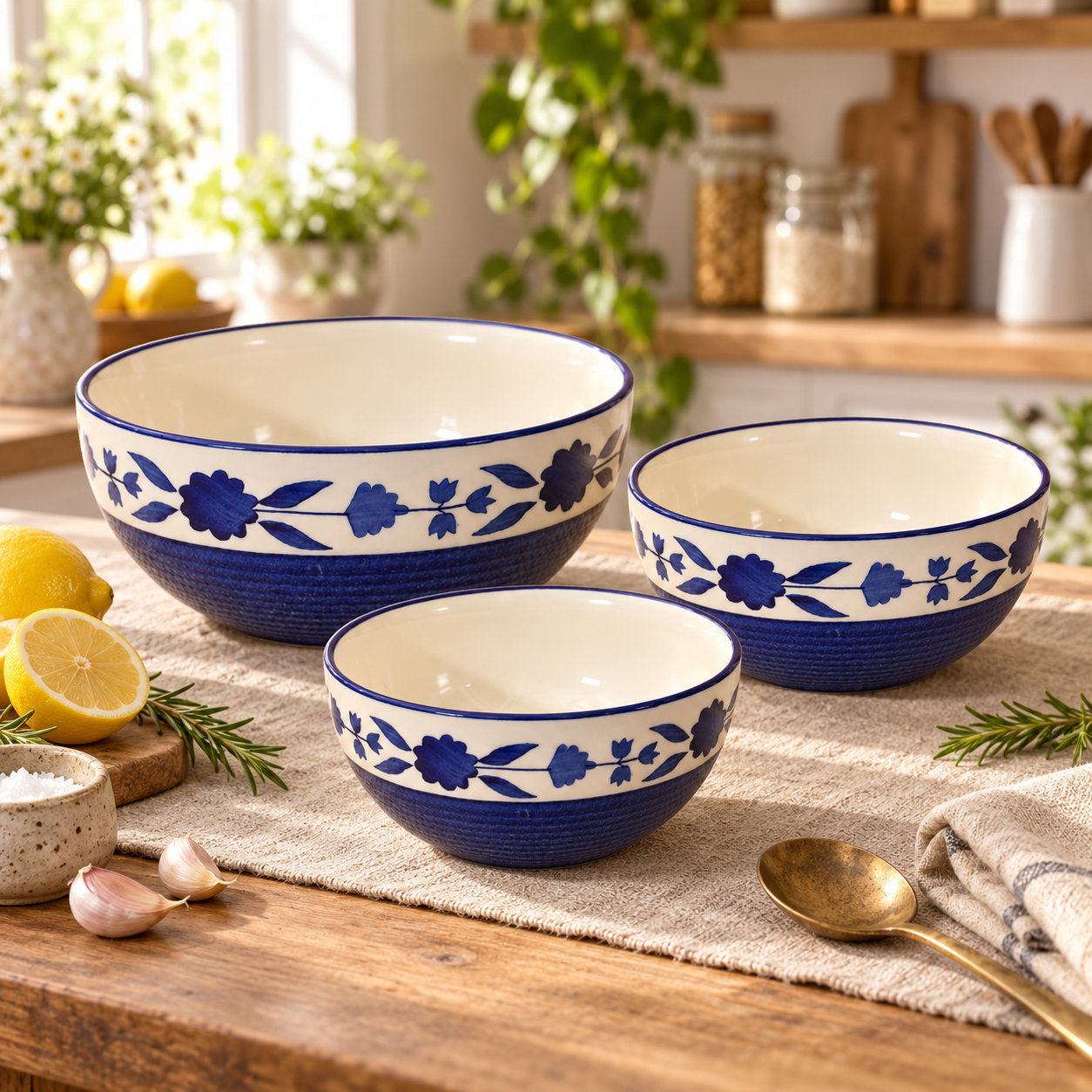 KunhaR Ceramic Mixing Bowl Set, 1500 ml, 800 ml & 600 ml, Blue | Set of 3 Nesting Bowls for Mixing, Serving, Salad, Pasta, Snacks & Kitchen Prep