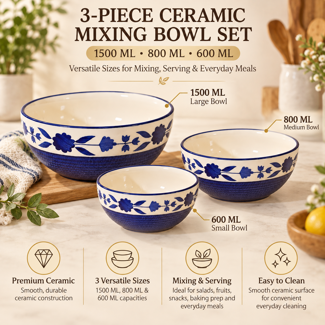 KunhaR Ceramic Mixing Bowl Set, 1500 ml, 800 ml & 600 ml, Blue | Set of 3 Nesting Bowls for Mixing, Serving, Salad, Pasta, Snacks & Kitchen Prep