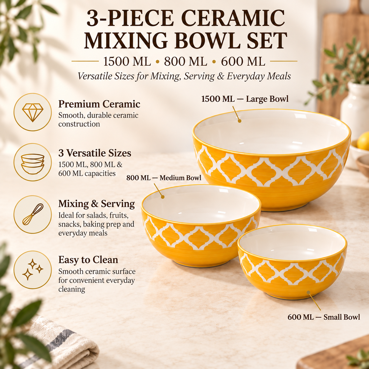KunhaR Ceramic Mixing Bowl Set, 1500 ml, 800 ml & 600 ml, Yellow Chidi | Set of 3 Nesting Bowls for Mixing, Serving, Salad, Pasta, Snacks & Kitchen Prep