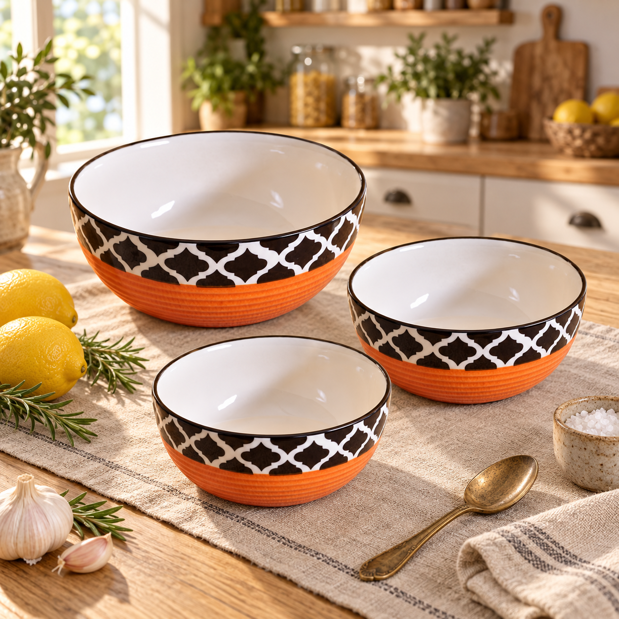 KunhaR Ceramic Mixing Bowl Set, 1500 ml, 800 ml & 600 ml, Red Chidi | Set of 3 Nesting Bowls for Mixing, Serving, Salad, Pasta, Snacks & Kitchen Prep