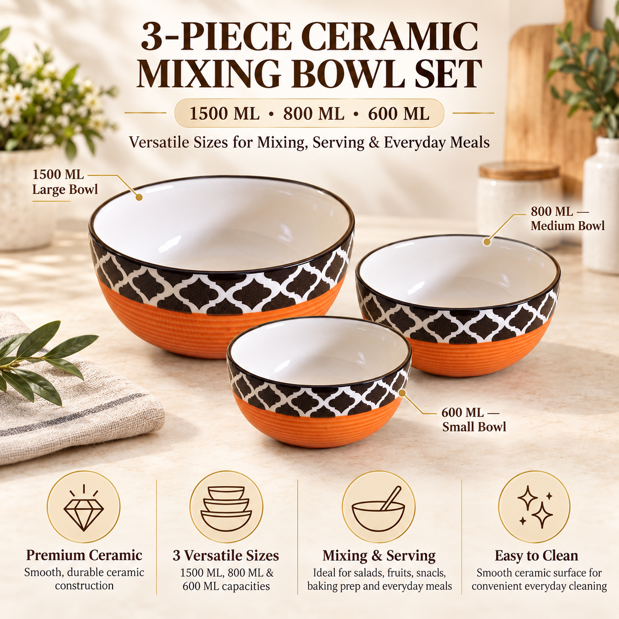 KunhaR Ceramic Mixing Bowl Set, 1500 ml, 800 ml & 600 ml, Red Chidi | Set of 3 Nesting Bowls for Mixing, Serving, Salad, Pasta, Snacks & Kitchen Prep